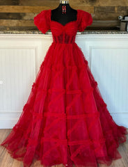 Red Tulle Long Prom Dresses with Sheer Corset Bodice