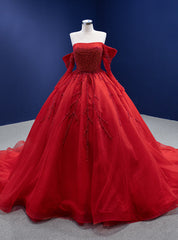 Red Tulle Long Sleeve Off the Shoulder Pearls Prom Dresses