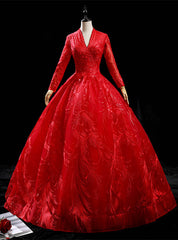 Red Tulle Long Sleeve V-neck Backless Quinceanera Dresses