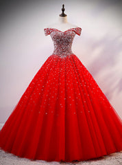 Red Tulle Off the Shoulder Beading Sequins Quinceanera Dresses