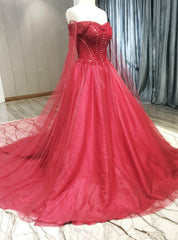 Red Tulle Off The Shoulder Beading Wedding Dress