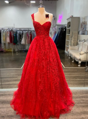 Red Tulle One Shoulder Appliques Prom Dresses