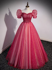 Red Tulle Sequins Puff Sleeve Prom Dresses