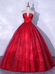 Red Tulle Sequins Strapless Pleats Quinceanera Dress