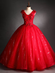 Red Tulle Sequins V-neck Appliques Beading Quinceanera Dresses