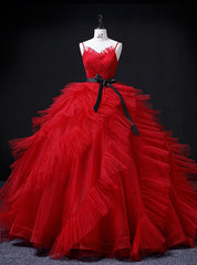 Red Tulle Spaghetti Straps Pleats Quinceanera Dresses