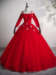 Red Tulle Straps Appliques Short Sleeve Quinceanera Dresses