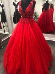 Red Tulle V-neck Backless Flower Beading Prom Dresses