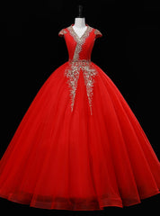 Red Tulle V-neck Cap Sleeve Sequins Beading Quinceanera Dresses