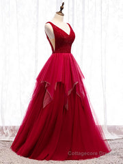 Red V Neck Long Prom Dresses with Corset Back, Red Floor Length Prom Gown, Evening Dresses