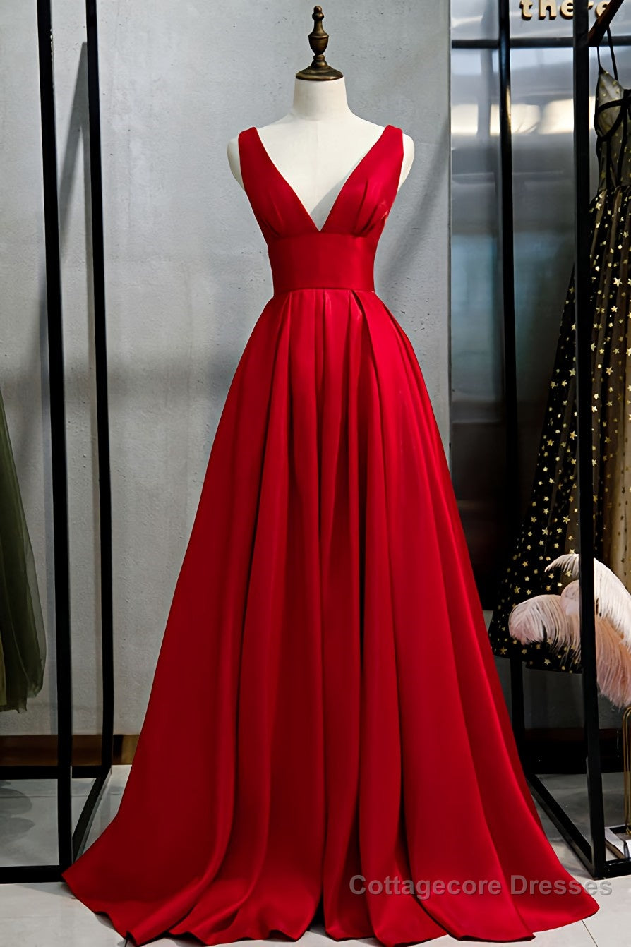 Red v neck satin long prom dress simple red evening dress