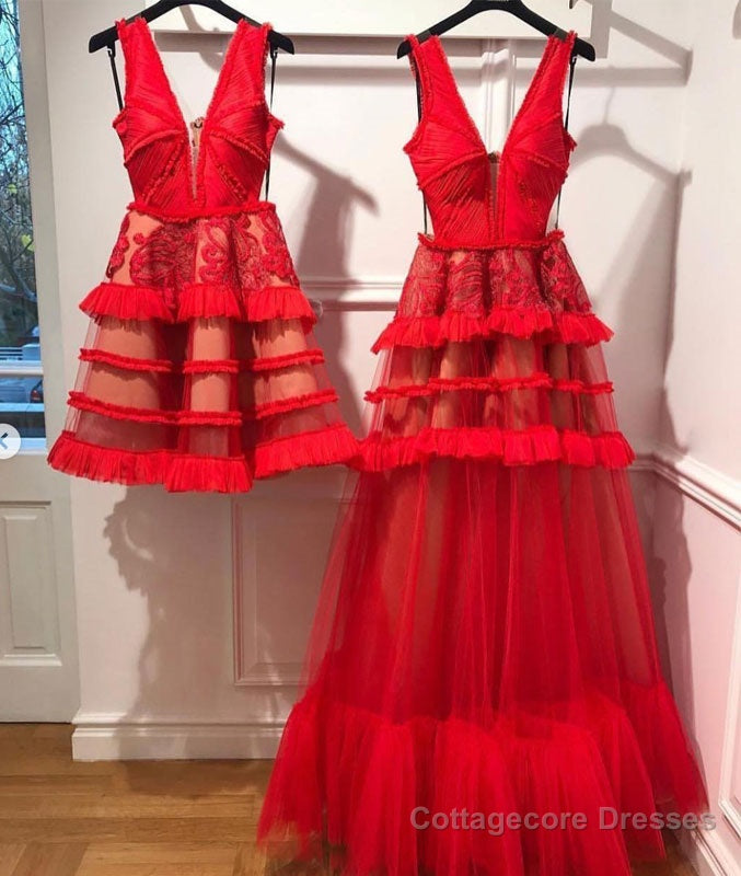 Red v neck tulle long prom dress, red tulle evening dress