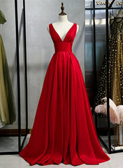 Red V-neckline Satin Floor Length Prom Dresses Red Evening Gown prom Dresses shops