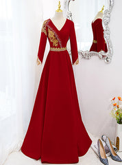 Red Velvet V-neck Long Sleeve Gold Beading Prom Dresses