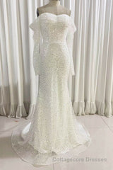 Ivory Mermaid Sequined Prom Dress with Long Sleeves, Sparkly Long Party Dresses