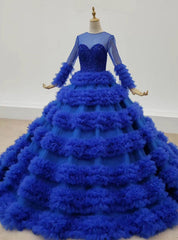 Roayl Blue Ball Gown Tulle Long Sleeve Beading Prom Dresses