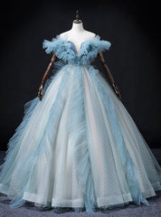 Romance Blue Tulle Off the Shoulder Beading Quinceanera Dresses