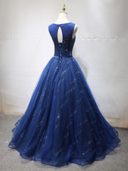 Round Neck Dark Navy Blue Long Prom Dresses with Corset Back, Navy Blue Formal Evening Dresses