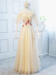 Round Neck Floral Champagne Long Prom Dress, Champagne Long Formal Bridesmaid Dresses