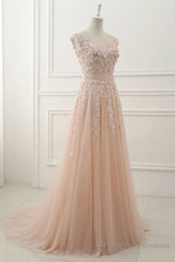 Round Neck Pink Lace Prom Dresses, Pink Lace Formal Evening Dresses