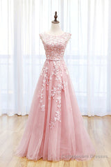 Round Neck Pink Lace Prom Dresses, Pink Lace Long Formal Evening Dresses