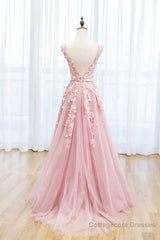 Round Neck Pink Lace Prom Dresses, Pink Lace Long Formal Evening Dresses