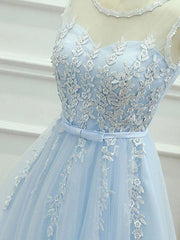 Round Neck Short Blue Lace Prom Dresses, Short Light Blue Lace Formal Graduation Dresses