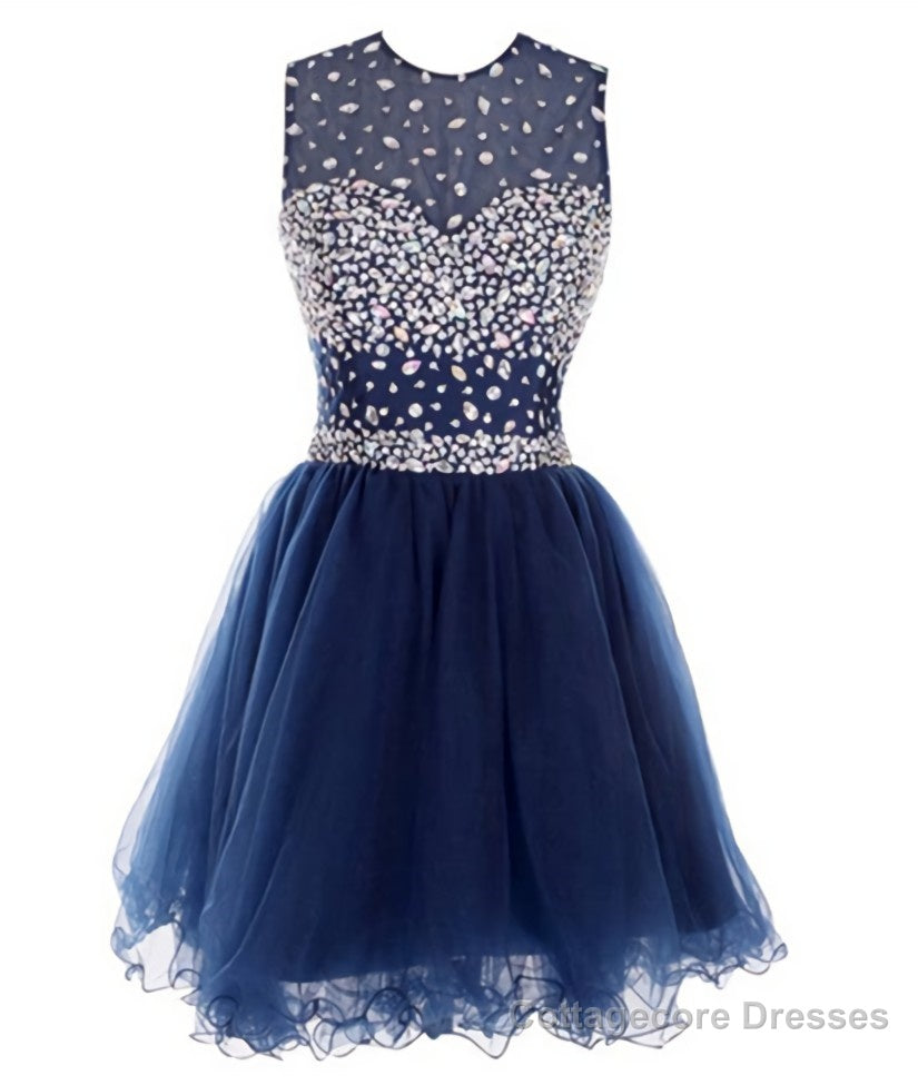 Round Neck Short Dark Blue Prom Dresses, Short Dark Blue Homecoming Dresses