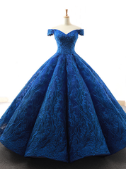 Royal Blue Ball Gown Tulle Lace Appliques Off the Shoulder Prom Dresses