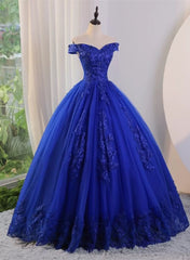 Royal Blue Ball Gown Tulle with Lace Applique Prom Dresses,Royal Blue Sweetheart 16 Dresses