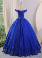 Royal Blue Ball Gown Tulle with Lace Applique Prom Dresses,Royal Blue Sweetheart 16 Dresses