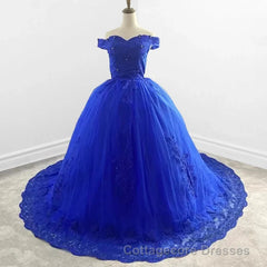 Royal Blue Lace Off the Shoulder Quinceanera Dresses with Flowers