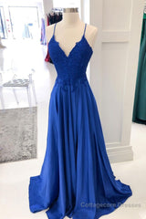 Royal blue lace satin long prom dress blue formal dress