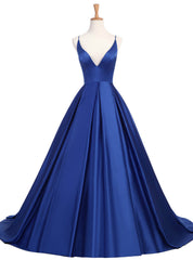 Royal Blue Long V-Neck Open Back Satin A Line Prom Party Dresses