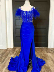 Royal Blue Mermaid Crystal Feather Prom Dresses