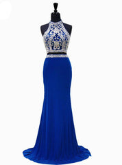 Royal Blue Mermaid High Neck Beaded Crystals Floor Length Prom Dresses