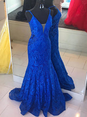 Royal Blue Mermaid Lace V-neck Prom Dresses