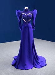 Royal Blue Mermaid Long Sleeve High Neck Beading Prom Dresses