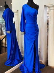 Royal Blue Mermaid Long Sleeve Pleats Prom Dresses