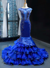 Royal Blue Mermaid Satin Tulle Backless Beading Prom Dresses