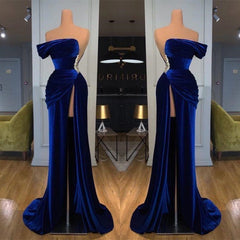 Royal Blue Off-the-shoulder Long Prom Evening Dresses with Split