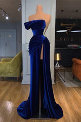 Royal Blue Off-the-shoulder Long Prom Evening Dresses with Split