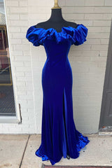 Royal Blue Off-the-Shoulder Ruffled Mermaid Long Prom Dresses