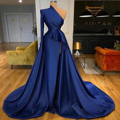 Royal Blue One Shoulder Long Sleeves Slit Prom Dresses Overskirt