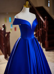 Royal Blue Satin A-line Long Evening Dresses, Royal Blue Prom Dresses