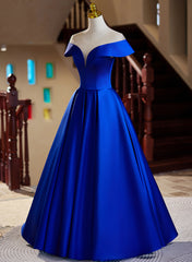 Royal Blue Satin A-line Long Evening Dresses, Royal Blue Prom Dresses