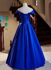 Royal Blue Satin A-line Long Evening Dresses, Royal Blue Prom Dresses