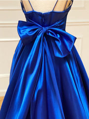 Royal Blue Satin A Line V Neck Long Prom Dresses With Bow Tie