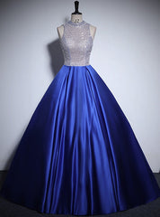 Royal Blue Satin Backless Sequins Prom Dresses