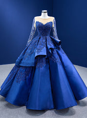 Royal Blue Satin Long Sleeve Appliques Beading Prom Dresses